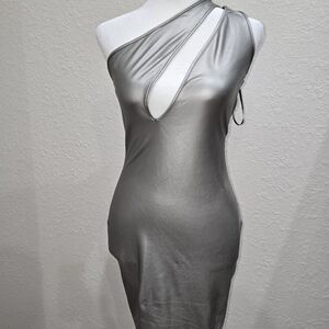 Silver PU Vegan Leather Bodycon Stretch One-Shoulder Cutout Dress
